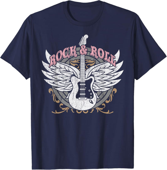 Rock and Roll Guitar Vintage ROCK Women Music T-Shirt - T-Shirt | Navy