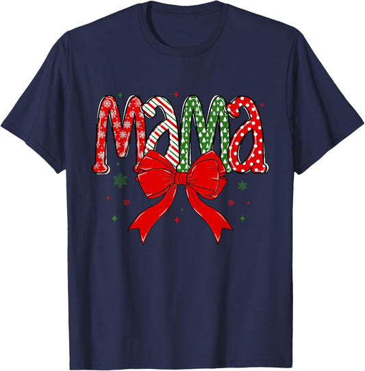 Christmas Mama Coquette Mama Claus Varsity Xmas Checkered T-Shirt - T-Shirt | Navy