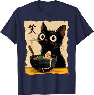 Black Cat Ramen Japanese Kawaii Anime Cat Ramen T-Shirt - T-Shirt | Navy