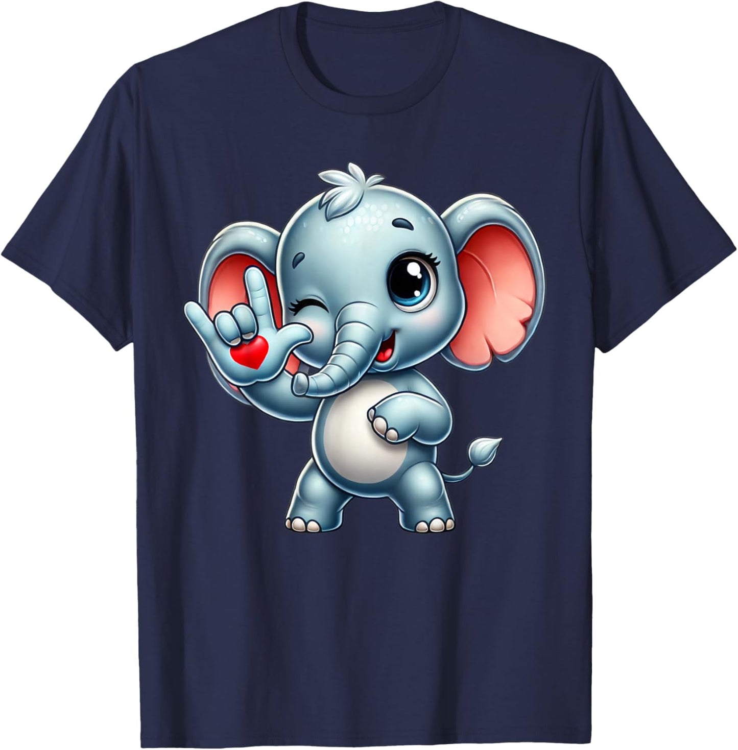 Cute Elephant Animal Love You ASL Hand Sign Language T-Shirt - T-Shirt | Navy