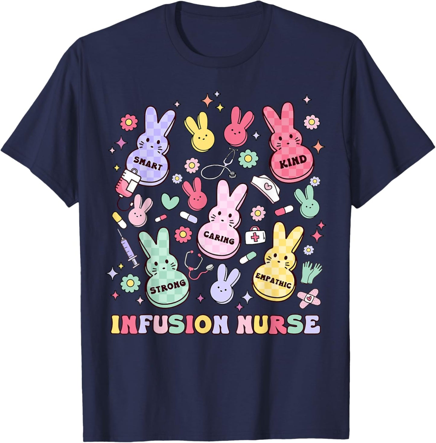 Easter Infusion Nurse Bunny Pediatric Chemo Hem Onc Retro T-Shirt - T-Shirt | Navy