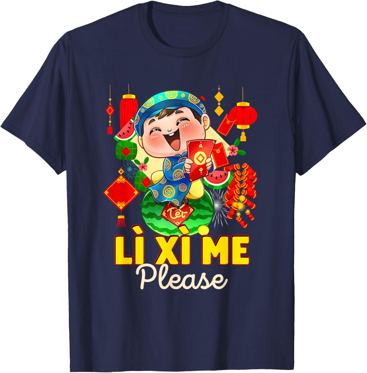 Happy Tet Chuc Mung Nam Moi 2025 Li Xi Me Please Kids Boys Black Modern Classic Cartoon Birthday T-Shirt - T-Shirt | Navy