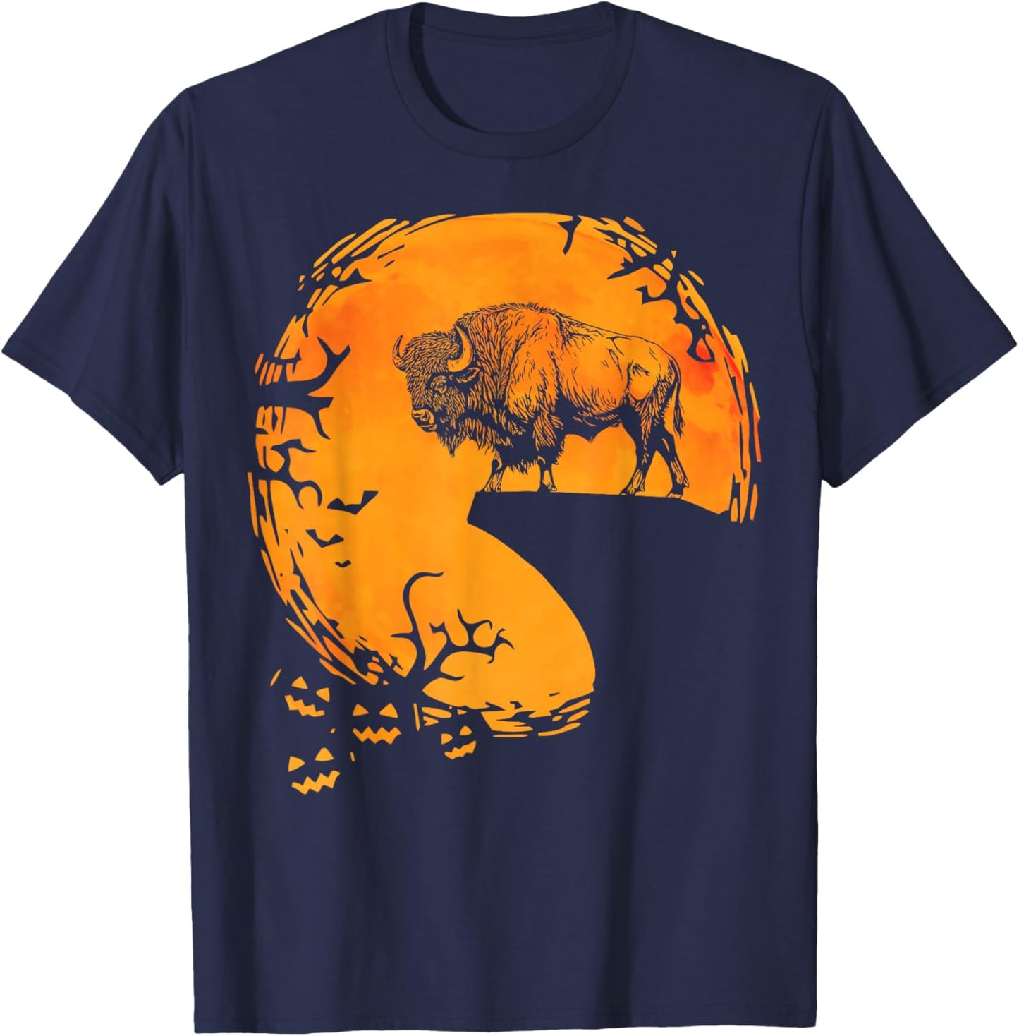 Funny Buffalo Halloween Moon Silhouette Spooky Bison Lover T-Shirt - T-Shirt | Navy