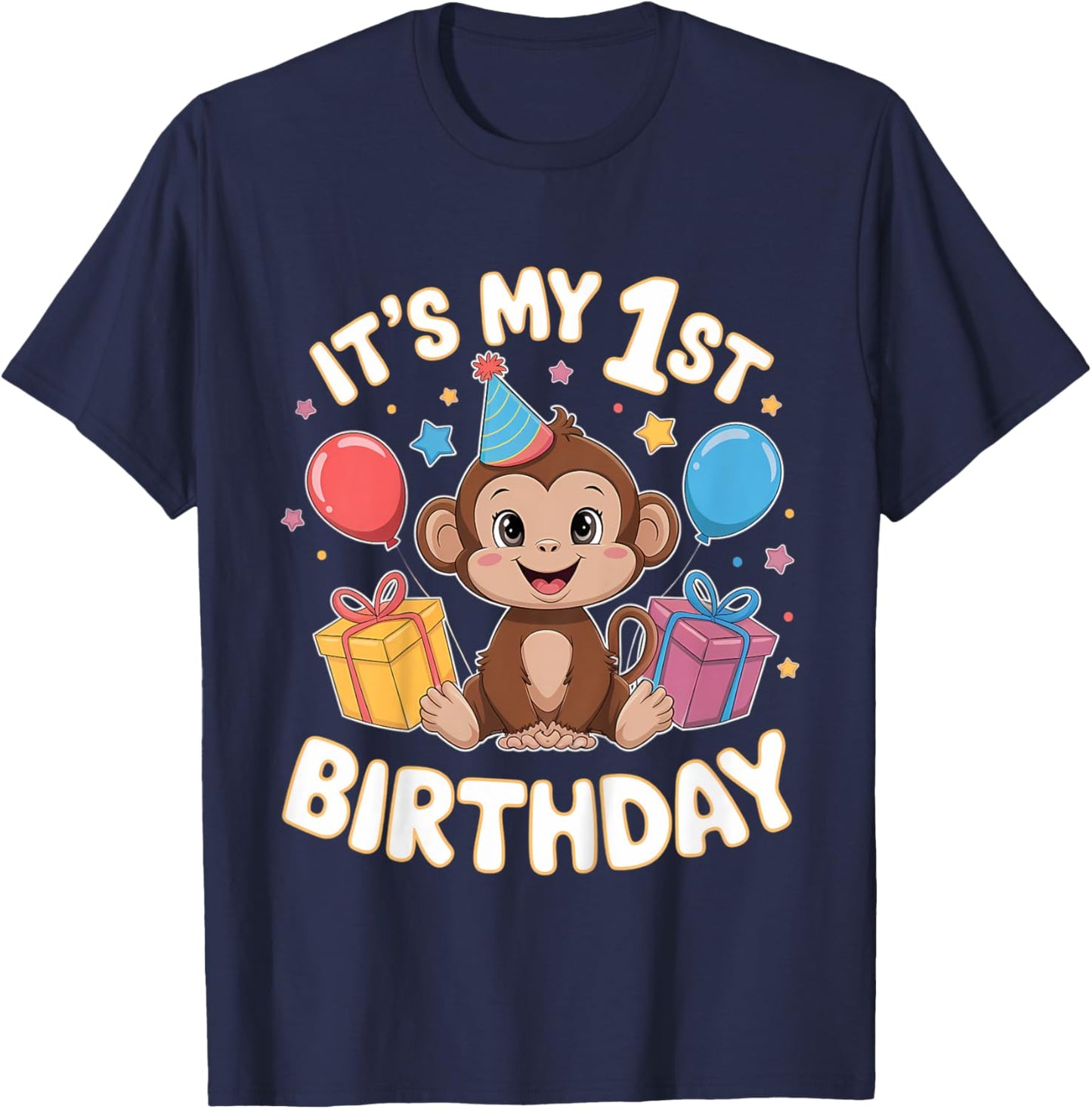 Kids 1st Birthday Monkey Party Design T-Shirt - T-Shirt | Navy