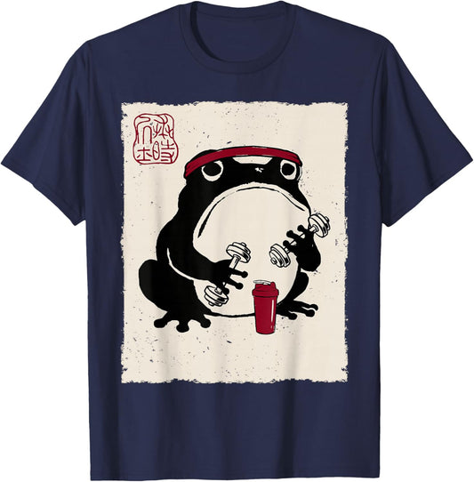 Grumpy Frog Funny Gym Fitness Weightlifting Anime Japanese T-Shirt - T-Shirt | Navy
