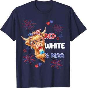 Red White and Moo Patriotic Highland Cow 4th July 250 Years T-Shirt - T-Shirt | Navy