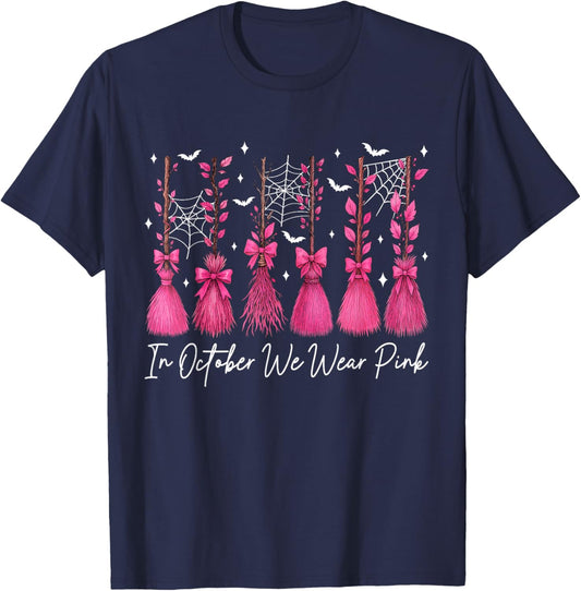 in October We Wear Pink Witch Broom Breast Cancer Halloween T-Shirt - T-Shirt | Navy
