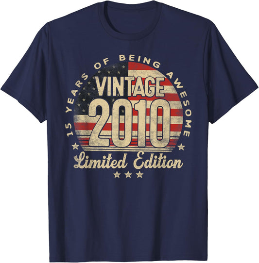 Vintage 2010 Limited Edition 15-Year-Old Gifts USA Flag T-Shirt - T-Shirt | Navy