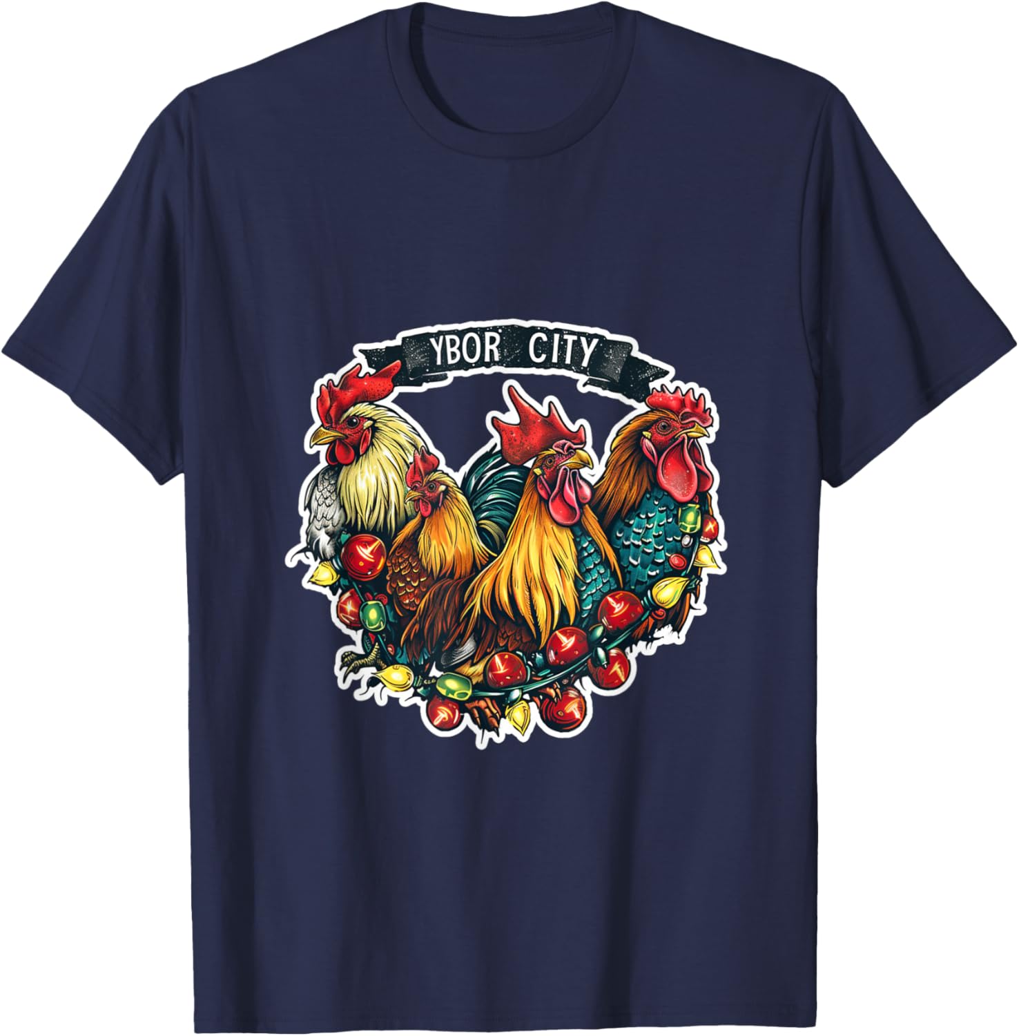 Ybor City Tampa Florida Chickens Roosters Christmas Lights T-Shirt - T-Shirt | Navy