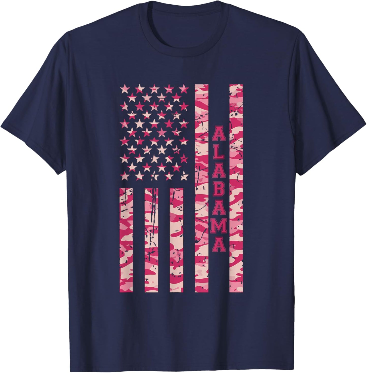 Alabama Southeastern State Roll Tide Pink Camo USA Flag T-Shirt - T-Shirt | Navy