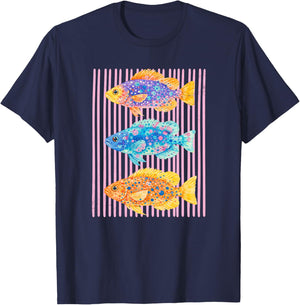 Bunte Meeresfische Aquarell Kunst rosa Streifen Premium T-Shirt - T-Shirt | Navy