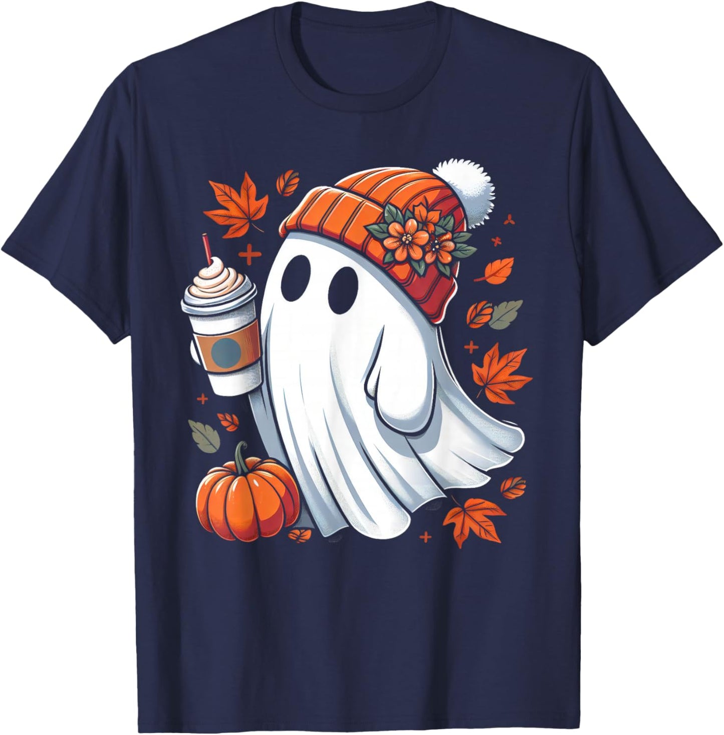 Cute Ghost Drinking Coffee Halloween Ghost Ice Coffee T-Shirt - T-Shirt | Navy