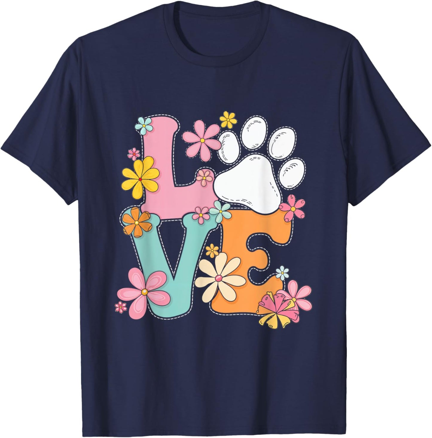 Love Paw Print Flowers Pet Owner Animal Lover T-Shirt - T-Shirt | Navy