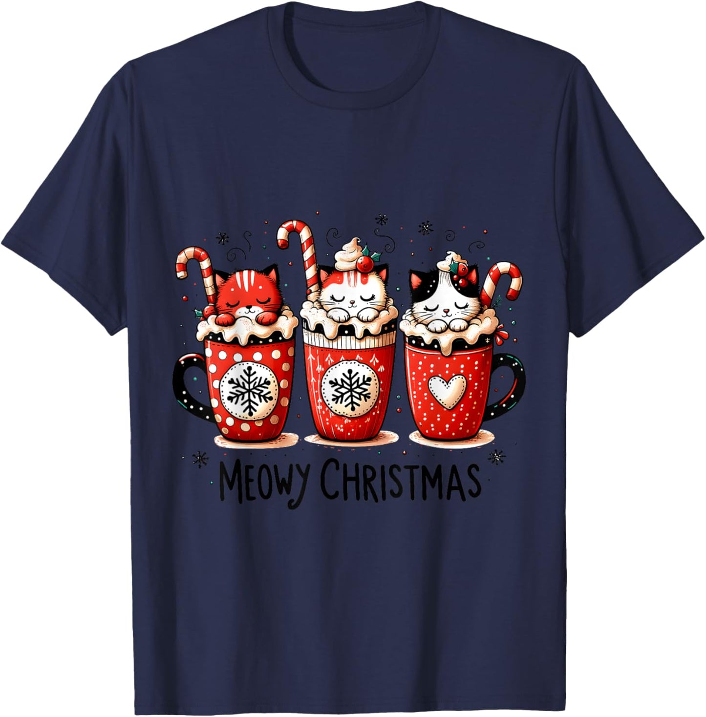 Meowy Christmas Cute Cats and Coffee Merry Xmas Graphic T-Shirt - T-Shirt | Navy