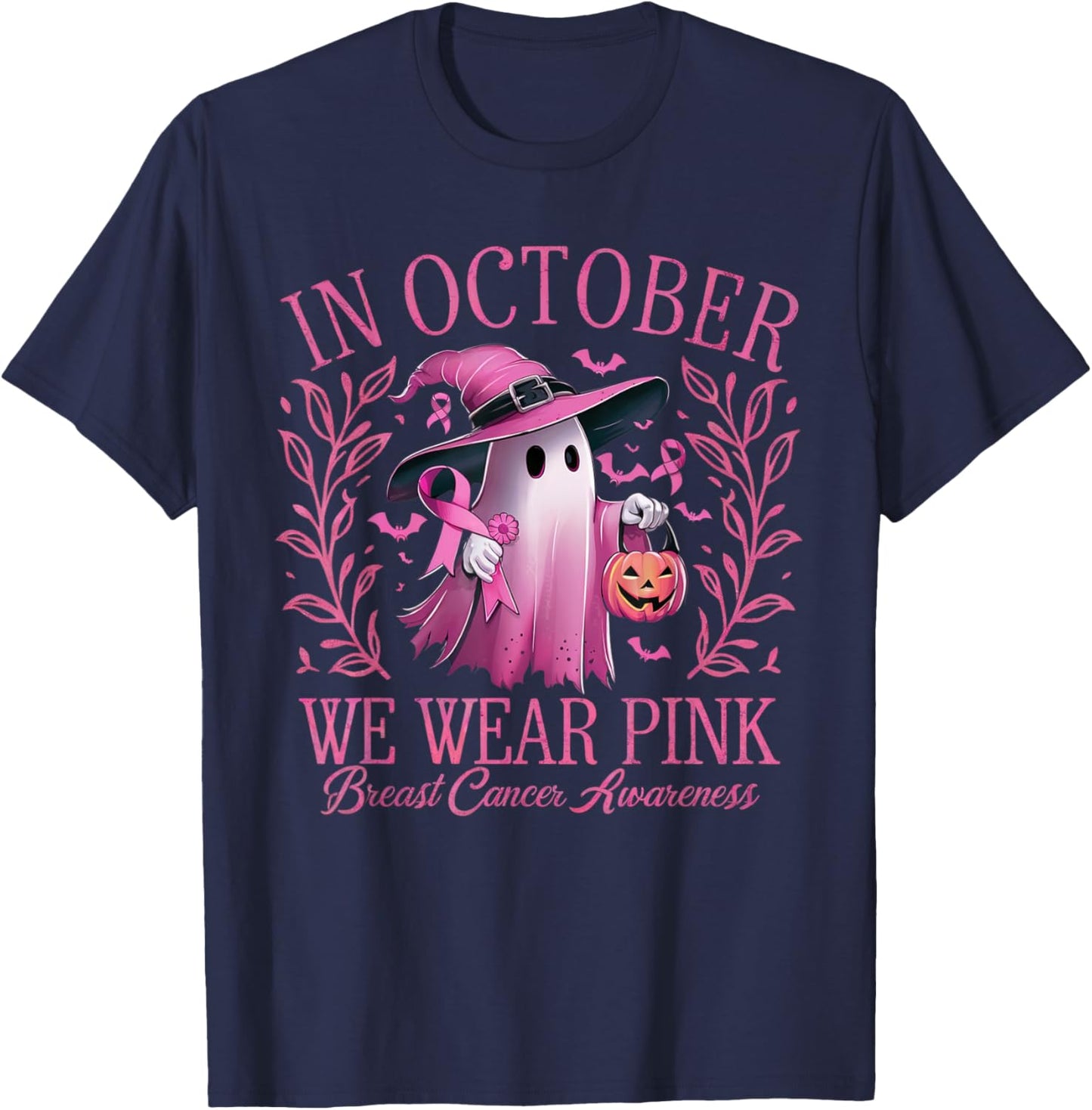 In October We Wear Pink Breast Cancer Awareness Halloween T-Shirt - T-Shirt | Navy