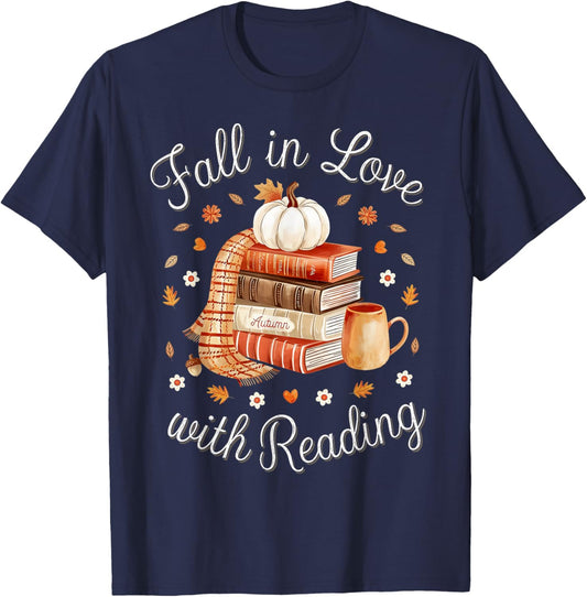Fall In Love With Reading Book Autumn Pumpkins And Teachers T-Shirt - T-Shirt | Navy