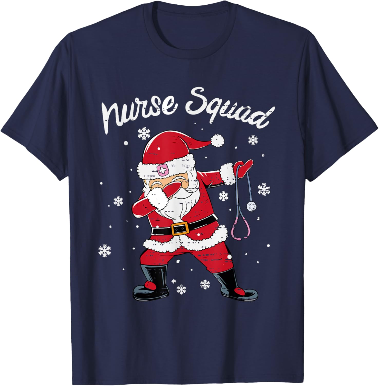 Nurse Squad Scrub Tops Dabbing Santa Christmas Stethoscope T-Shirt - T-Shirt | Navy