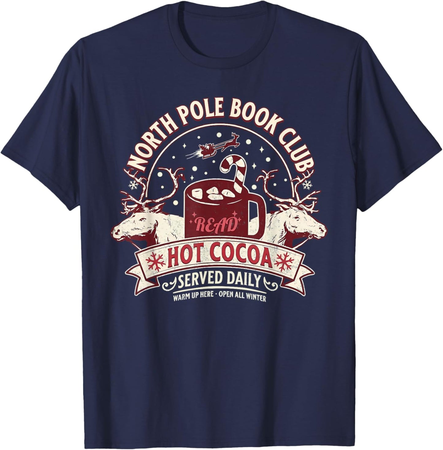 North Pole Book Club Hot Cocoa Reindeer Christmas Xmas Santa T-Shirt - T-Shirt | Navy