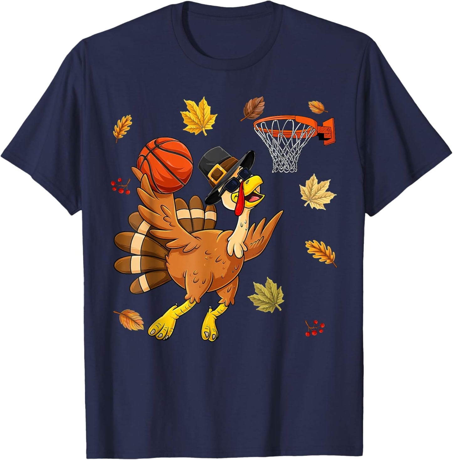 Funny Turkey Playing Basketball Happy Thanksgiving Boys Kids T-Shirt - T-Shirt | Navy