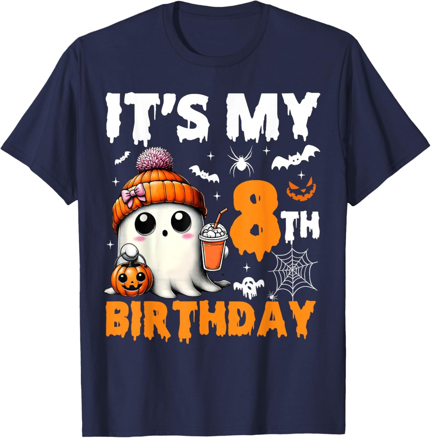 It's My 8th Birthday 8 Years Old Ghost Pumpkin Halloween T-Shirt - T-Shirt | Navy