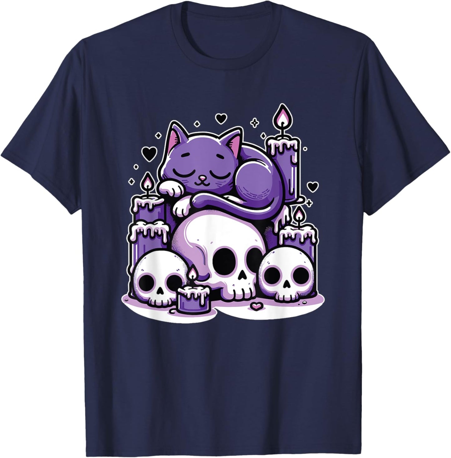 Kawaii Pastel Goth Cute Creepy Cat Candles Skeleton Men Women Girls Kids T-Shirt - T-Shirt | Navy