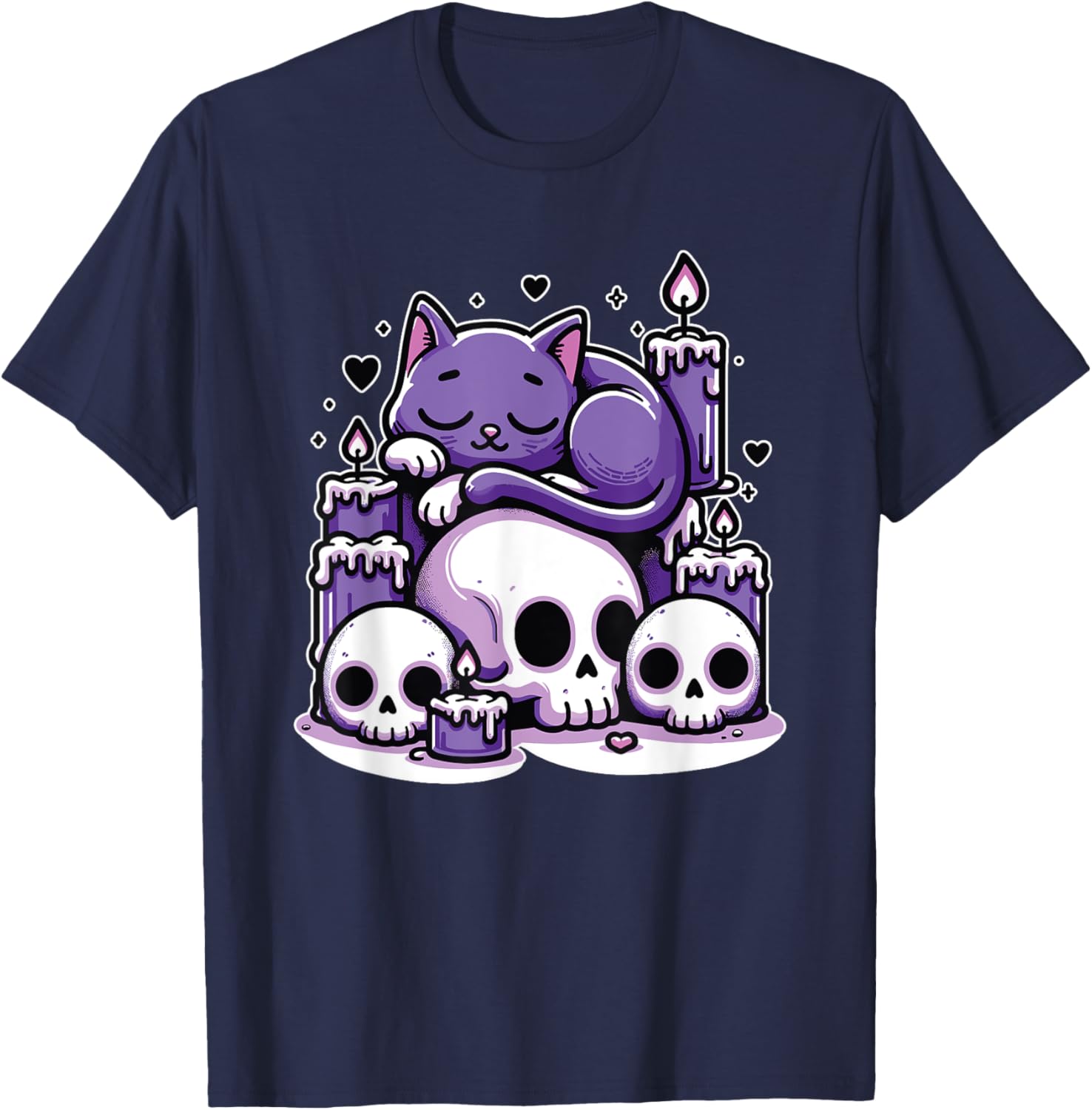 Kawaii Pastel Goth Cute Creepy Cat Candles Skeleton Men Women Girls Kids T-Shirt - T-Shirt | Navy
