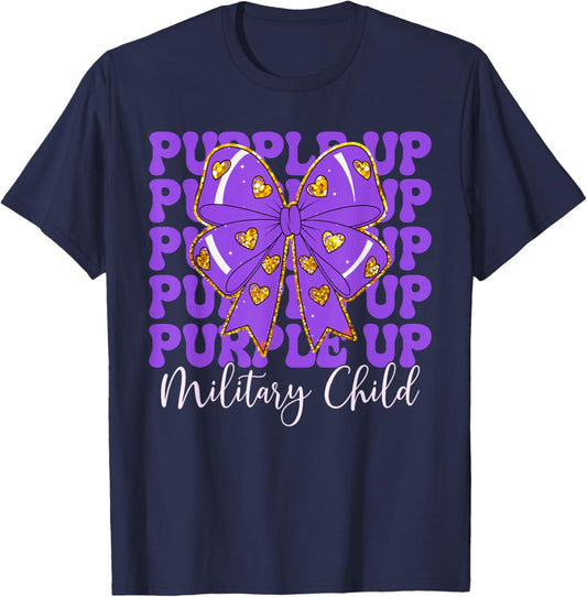 Purple Up For Military Kids Coquette Bow Military Child Girl T-Shirt - T-Shirt | Navy