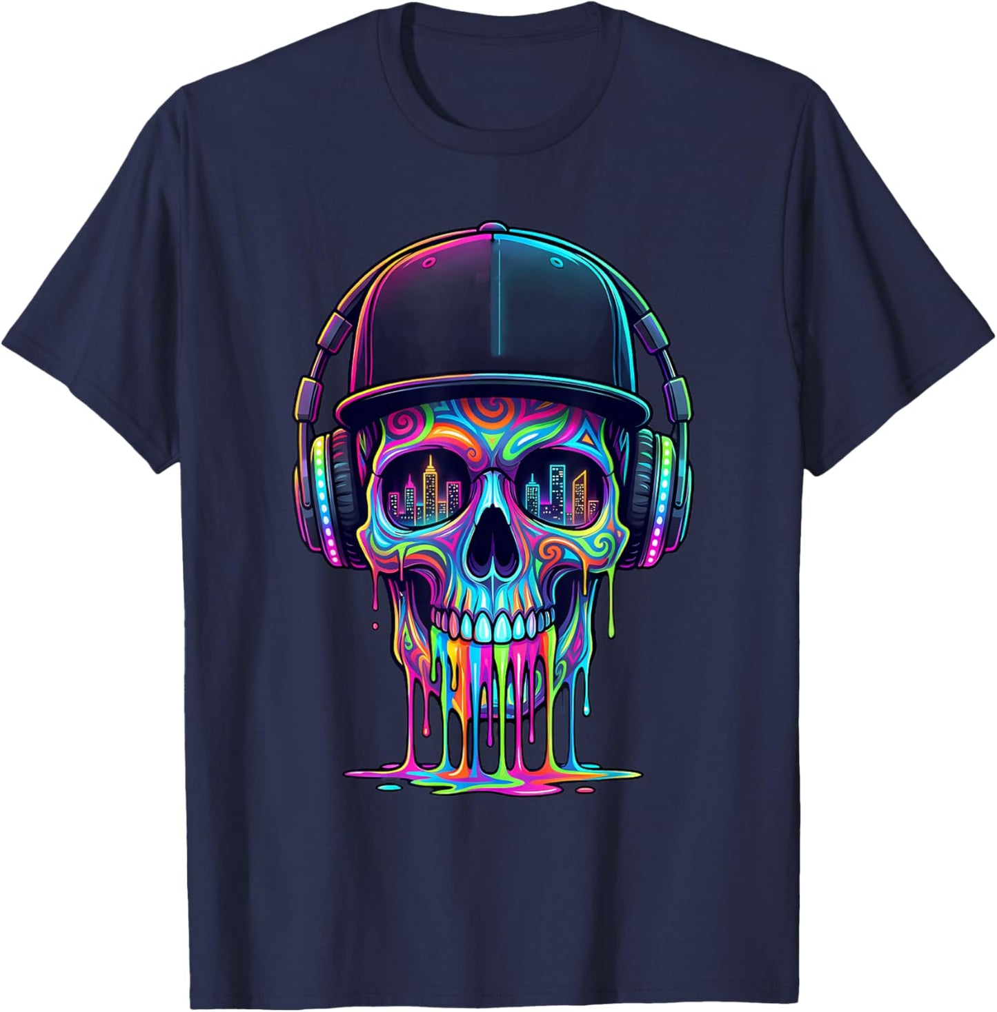 Colorful Dripping Skull Art Melting Skeleton Kids Drip T-Shirt - T-Shirt | Navy