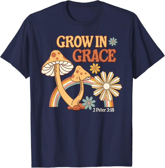 Retro Grow In Grace Mushroom Flower Christian Bible Verse T-Shirt - T-Shirt | Navy