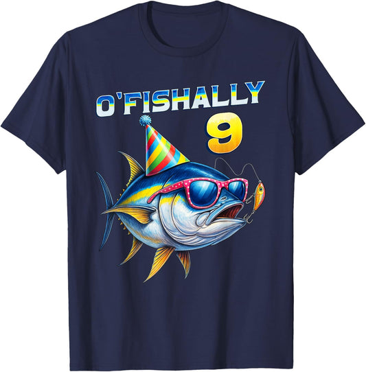 O'fishally 9 Years Old Funny Fishing 9th Birthday Tuna Fish T-Shirt - T-Shirt | Navy