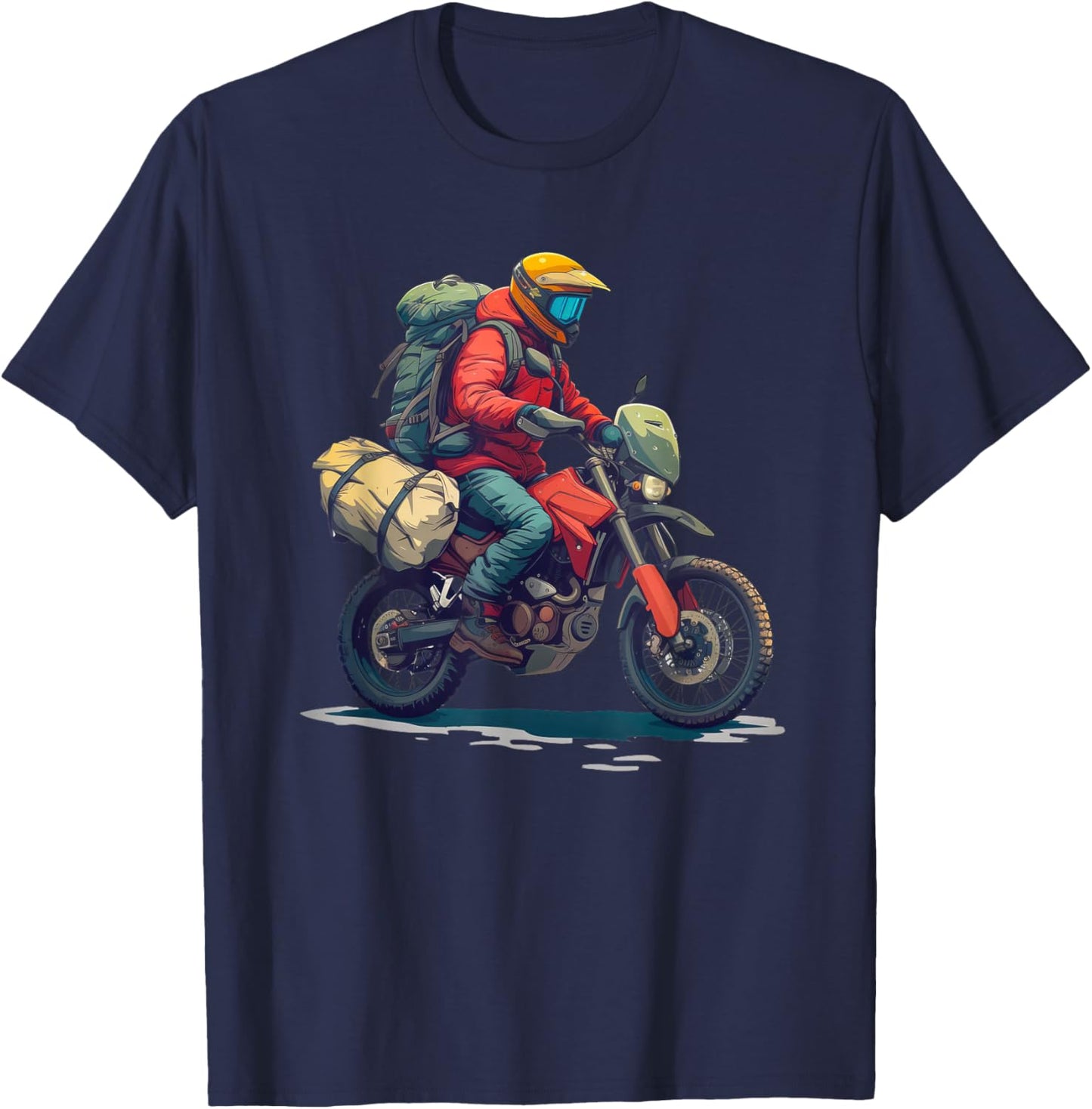 Adventure Motorcycle Rider with Camping Gear T-Shirt - T-Shirt | Navy