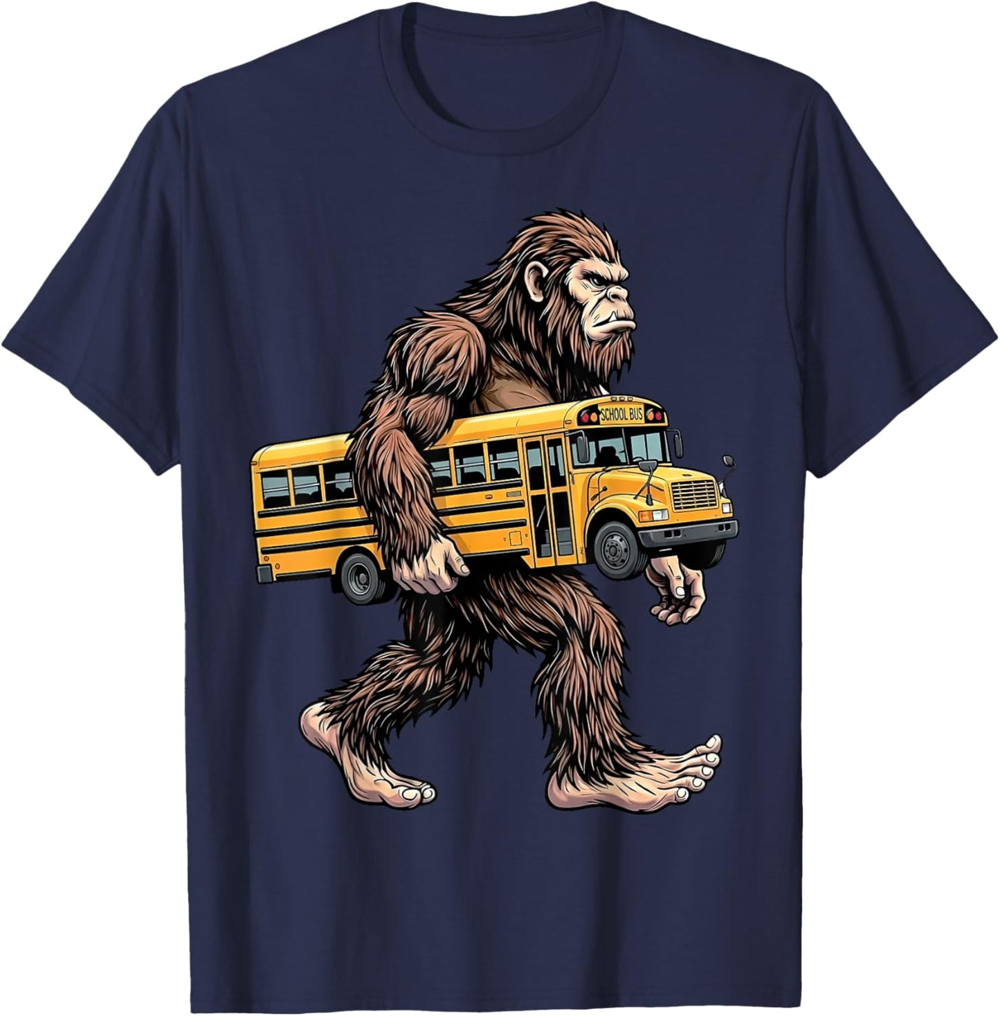 Bigfoot Carrying School Bus Funny Sasquatch Back to School T-Shirt - T-Shirt | Navy