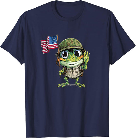 Funny Military Frog with Patriotic Flag Look T-Shirt - T-Shirt | Navy