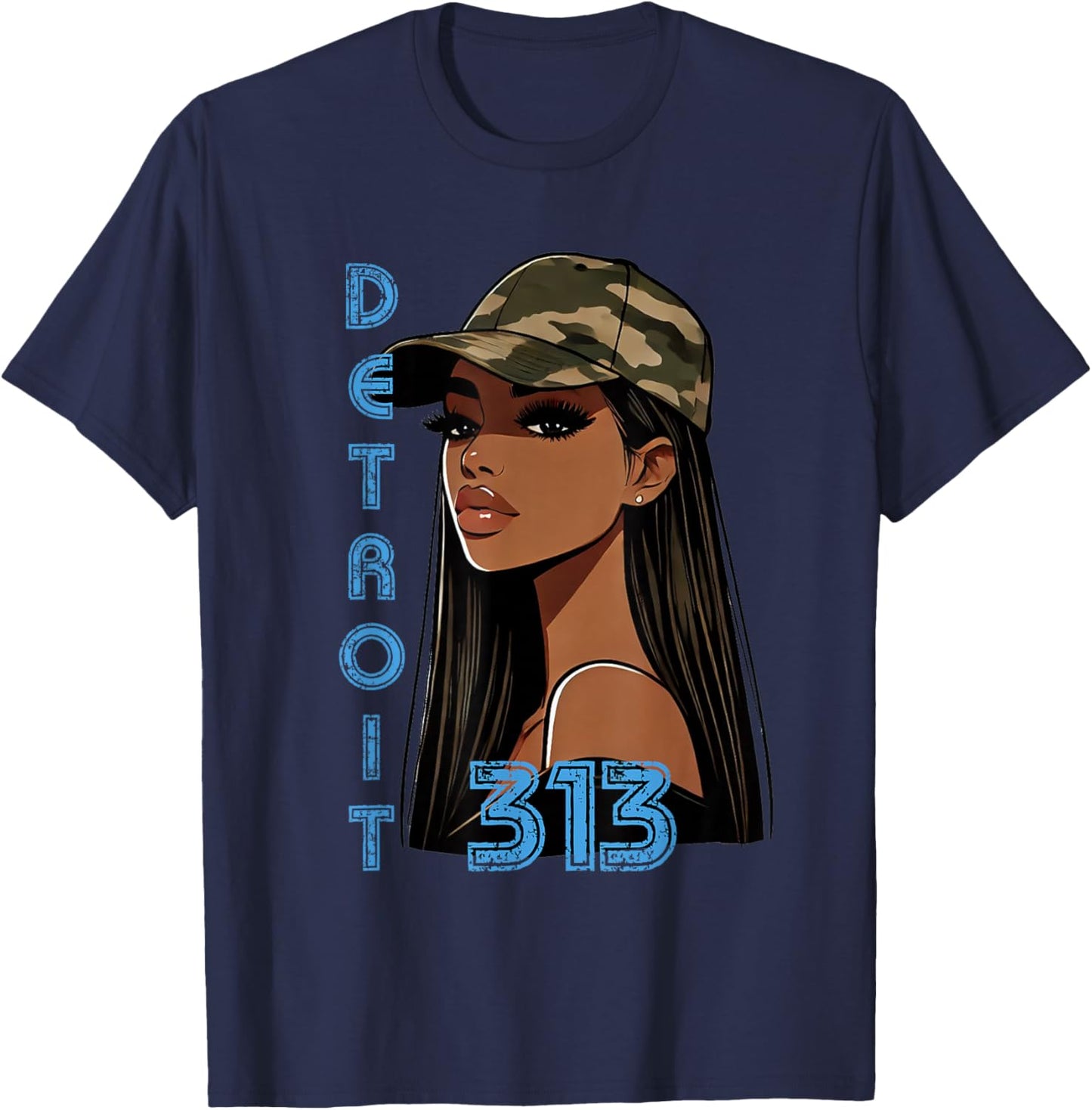 Detroit 313 Black Woman Camo Hat Hometown T-Shirt - T-Shirt | Navy