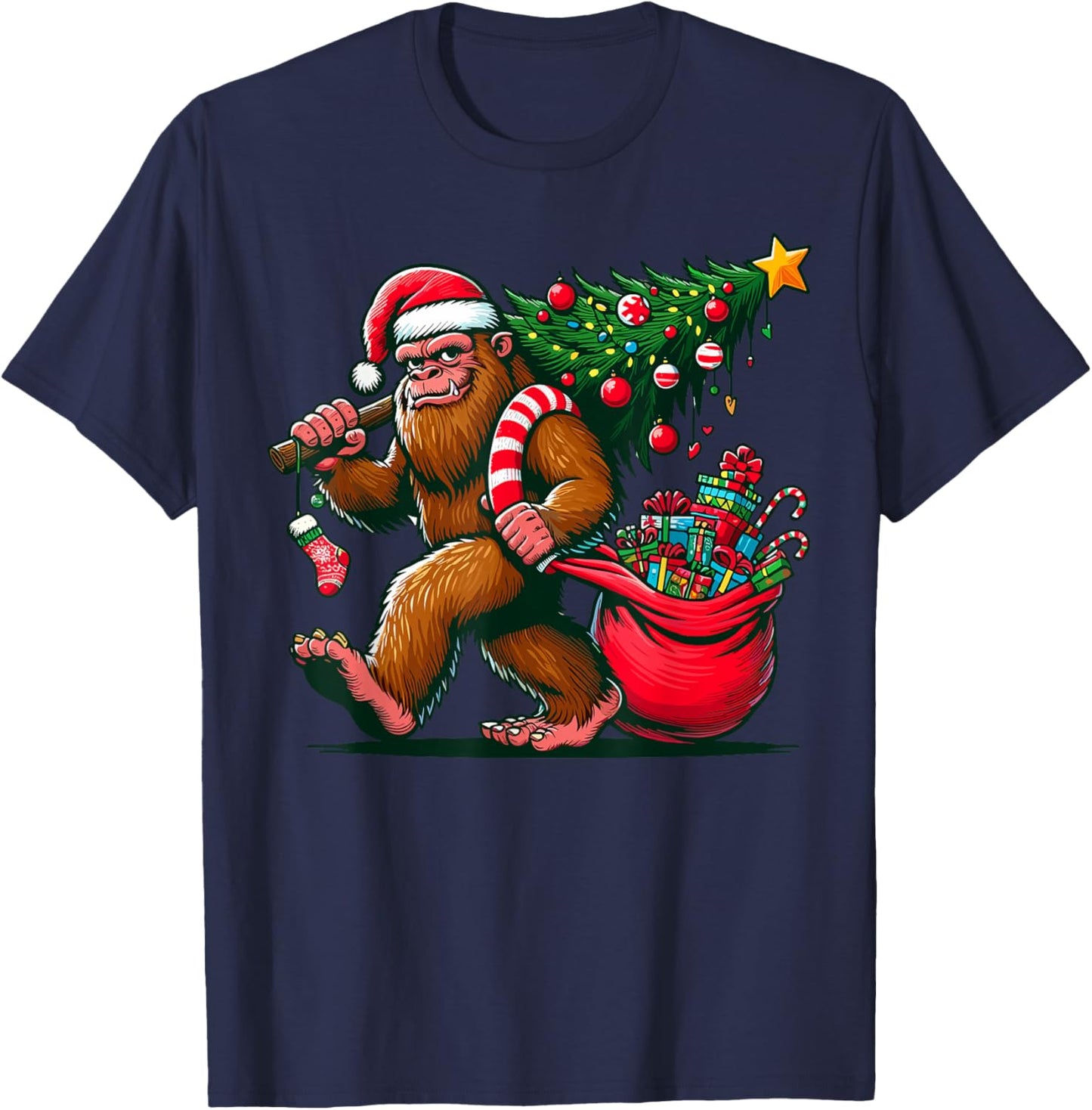 Bigfoot Christmas Tree Lights Xmas Sasquatch - -Adults, Kids - Blue - Small - Short Sleeve - - Cartoon Pattern - Winter T-Shirt - T-Shirt | Navy