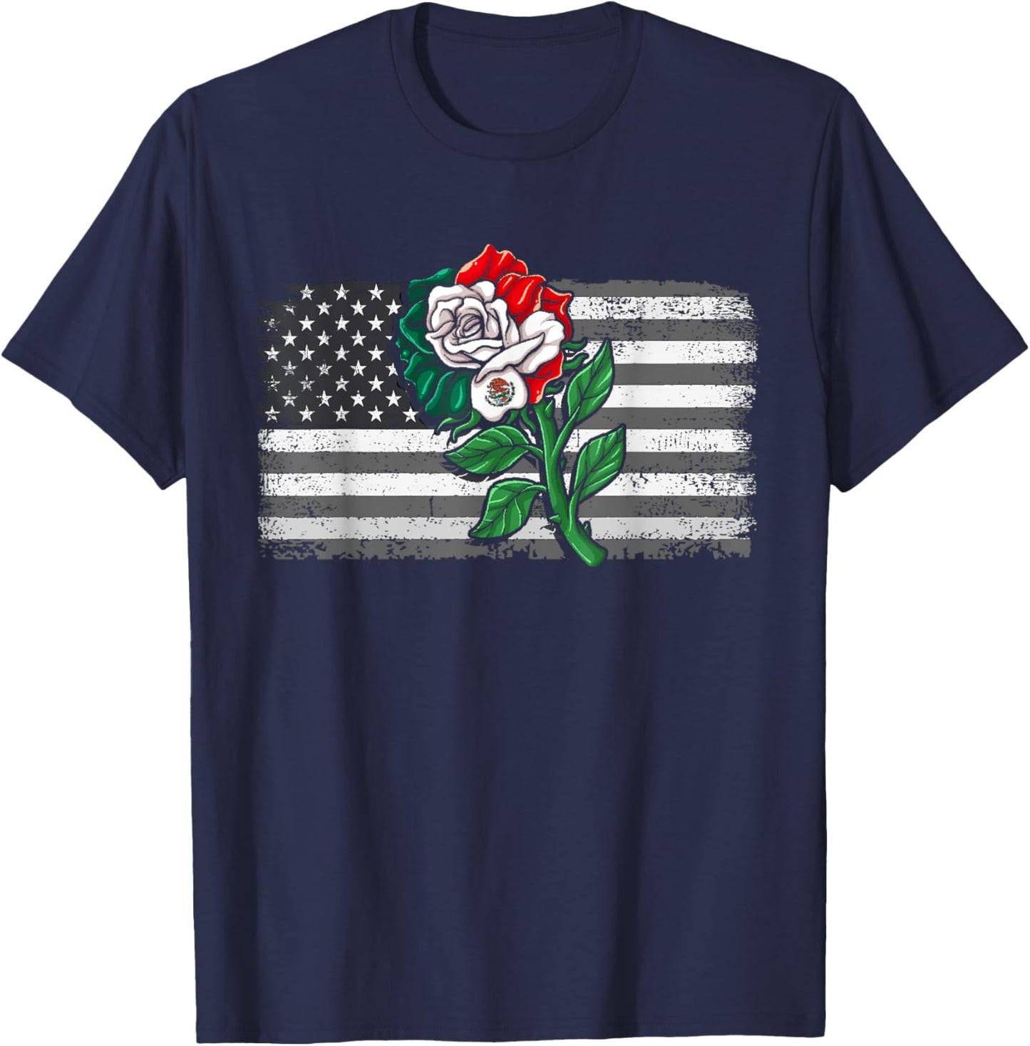 Mexico US Flag Mexican Flag American Flag Rose T-Shirt - T-Shirt | Navy