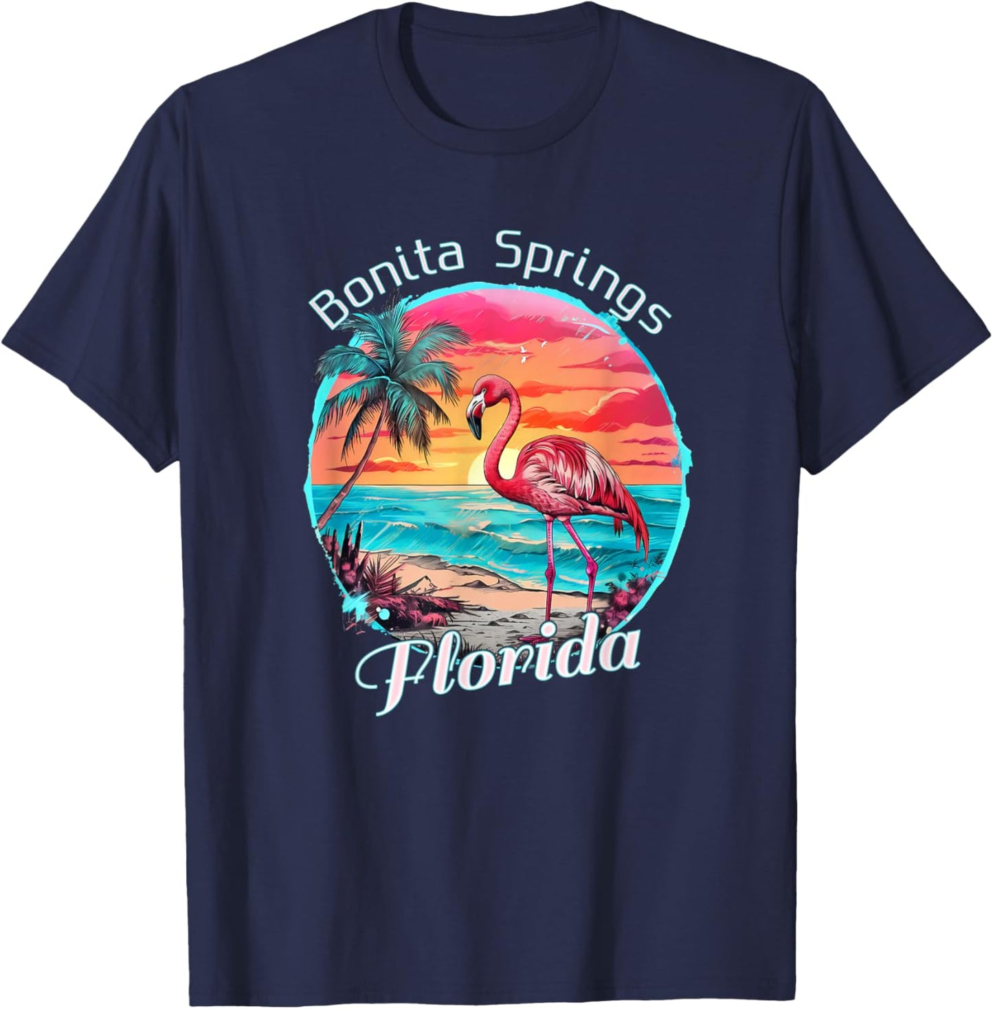 Bonita Springs Florida Beach Flamingo Tropical Souvenir T-Shirt - T-Shirt | Navy