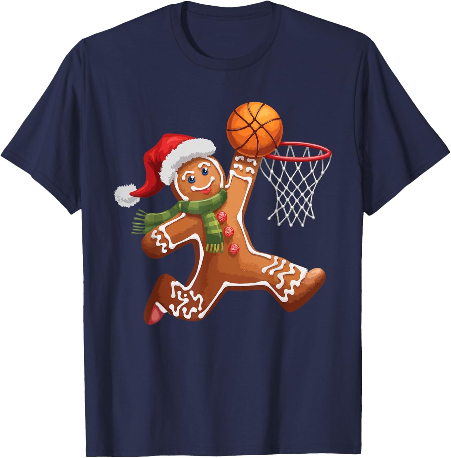 Gingerbread Playing Basketball Christmas Player Kids Family T-Shirt - T-Shirt | Navy