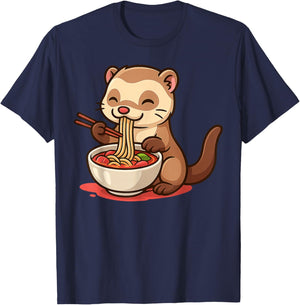 Anime Kawaii Ferret Eating Ramen Noodles Men Women Teen Kids T-Shirt - T-Shirt | Navy