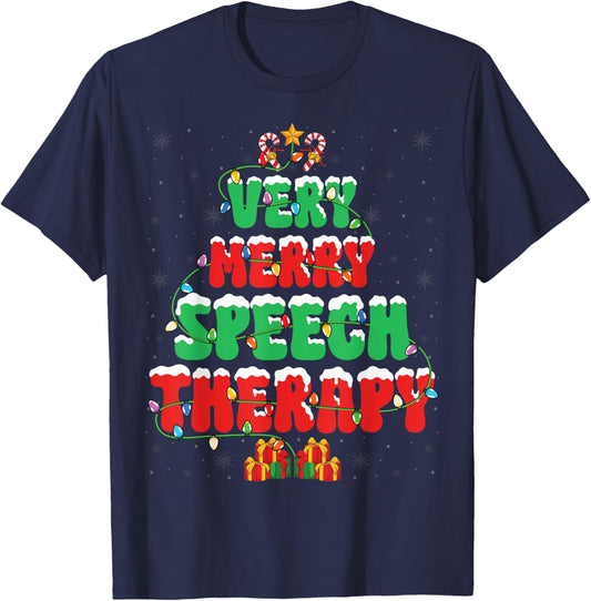 Very Merry Speech Therapy Christmas Tree Xmas Lights SLP T-Shirt - T-Shirt | Navy