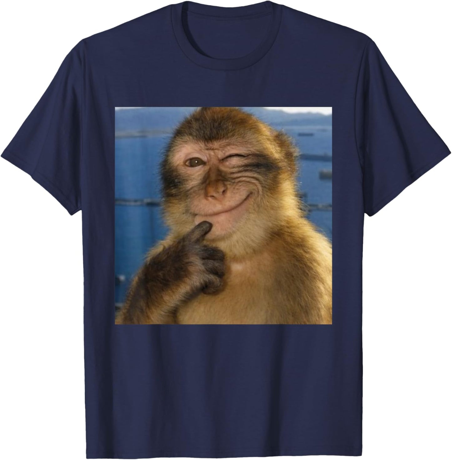 Thinking Monkey Meme Smiling Funny Brainrot T-Shirt - T-Shirt | Navy