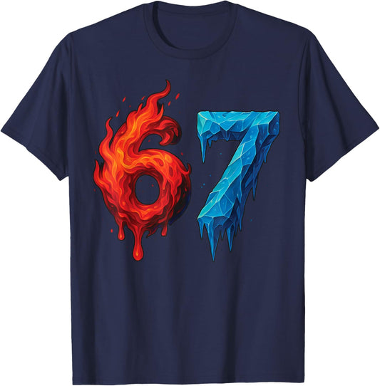 67 Six Seven 6-7 Flaming Ice – Funny Teen Kids Brainrot Meme T-Shirt - T-Shirt | Navy