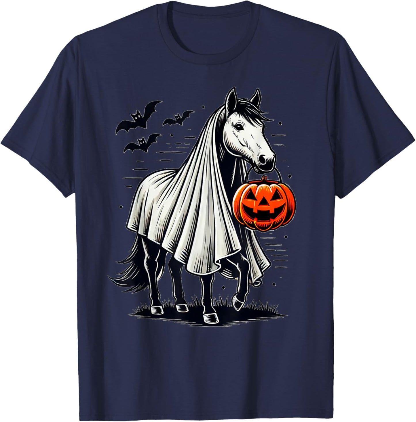 Halloween Horse With Pumpkin Ghost Costume Rider Riding T-Shirt - T-Shirt | Navy