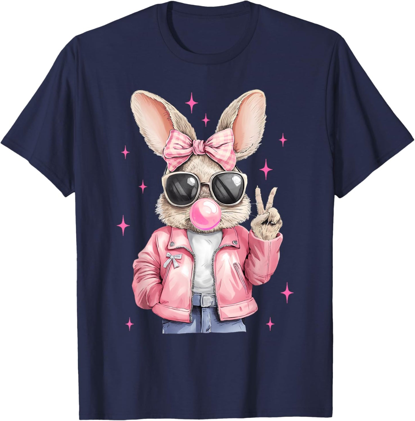 Happy Easter Bunny Rabbit Face Coquette Bow Easter Girl Kids T-Shirt - T-Shirt | Navy