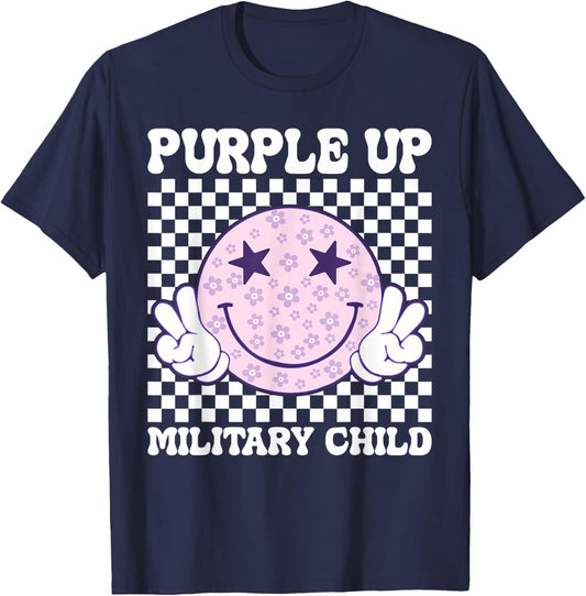 Purple Up For Military Kids Groovy Military Child Month T-Shirt - T-Shirt | Navy