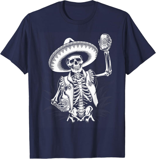 Mexico Vintage Skeleton Tequila Dia De Los Muertos Mexican T-Shirt - T-Shirt | Navy