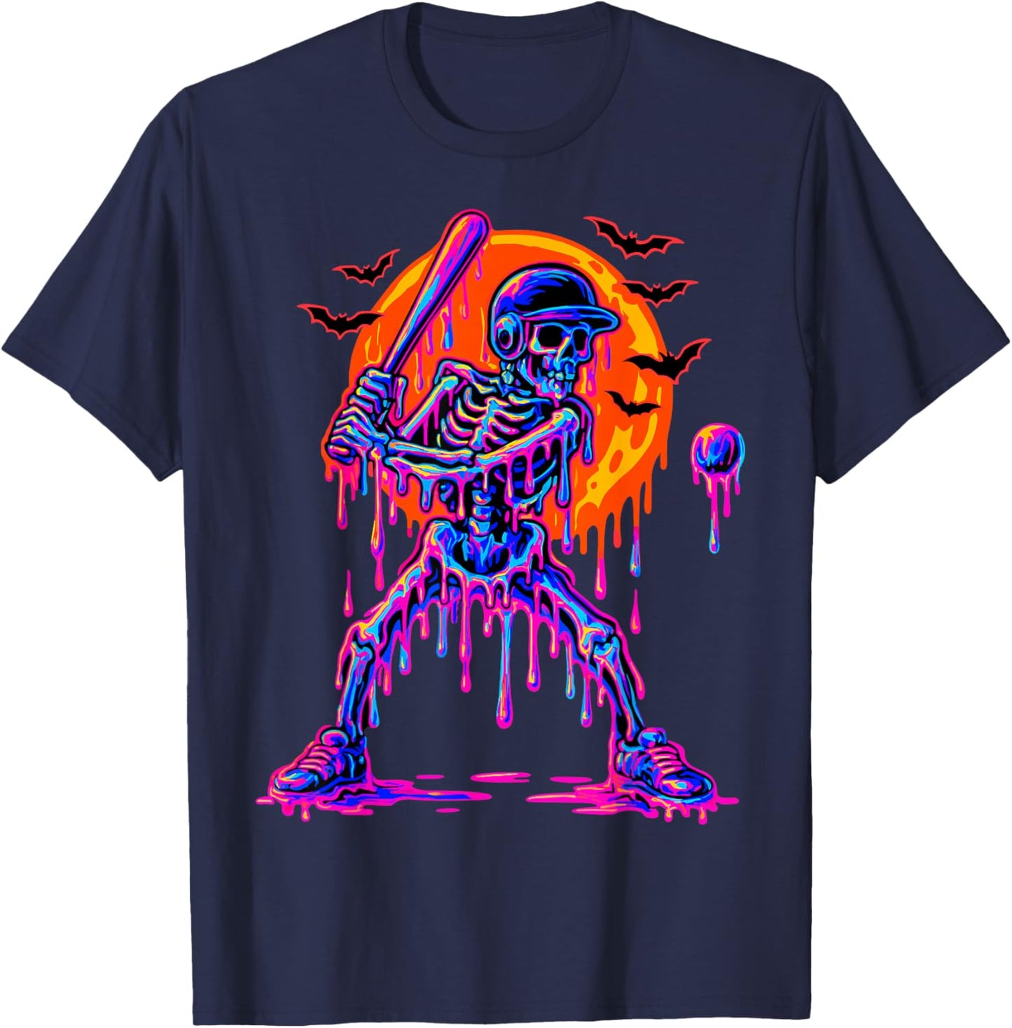 Drip Skeleton Batting Baseball Halloween T-Shirt - T-Shirt | Navy