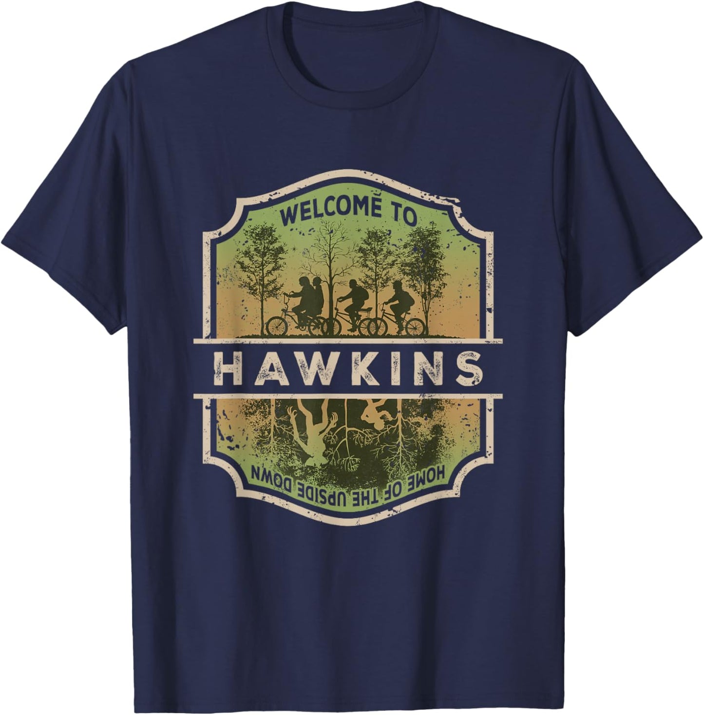 Stranger Things Welcome To Hawkins Upside Down Badge T-Shirt - T-Shirt | Navy