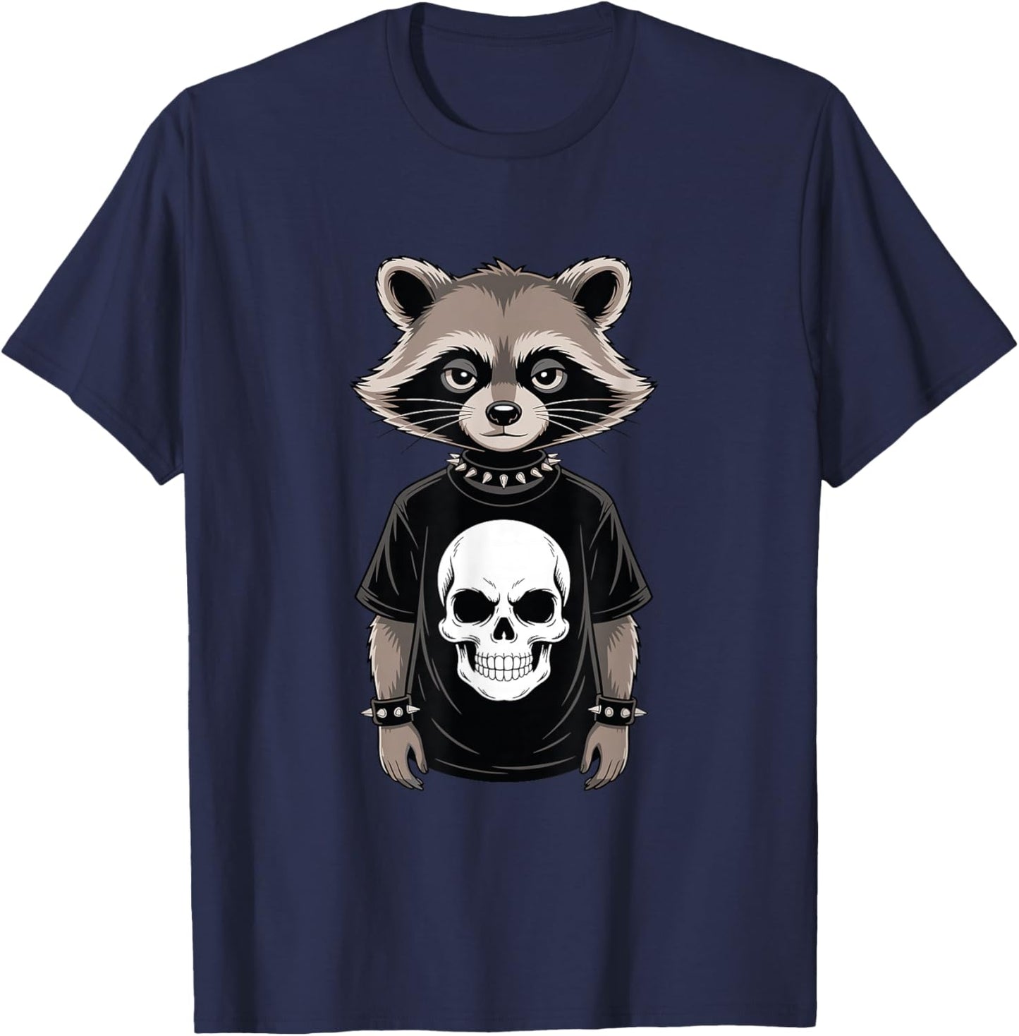 Dark Emo Raccoon with Skull Punk Style Alternative Rebel T-Shirt - T-Shirt | Navy
