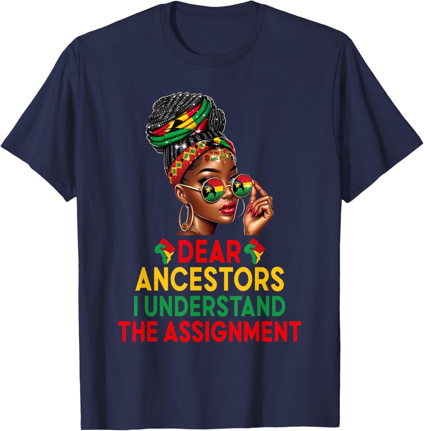 Dear Ancestors Afro Black Woman Headwrap Juneteenth Queen T-Shirt - T-Shirt | Navy